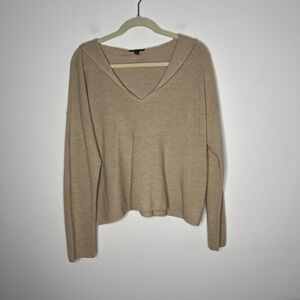 Eileen Fisher Sweater Womens Medium Beige Merino Wool Hooded V-Neck Pullover